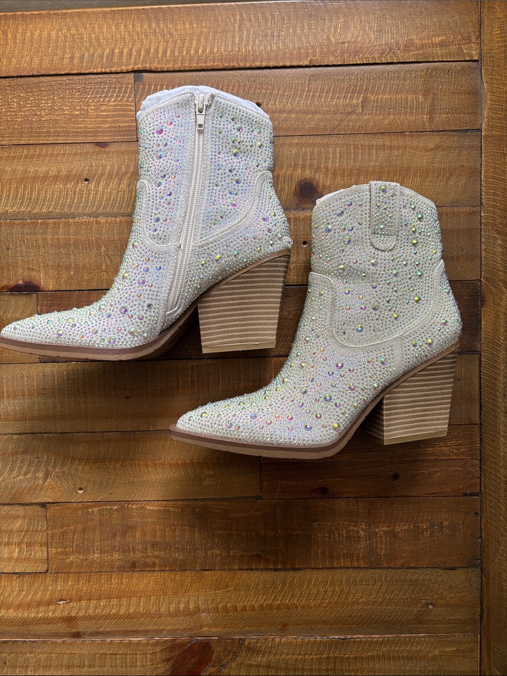 Embellished White Rhinestone Western Ankle Boots